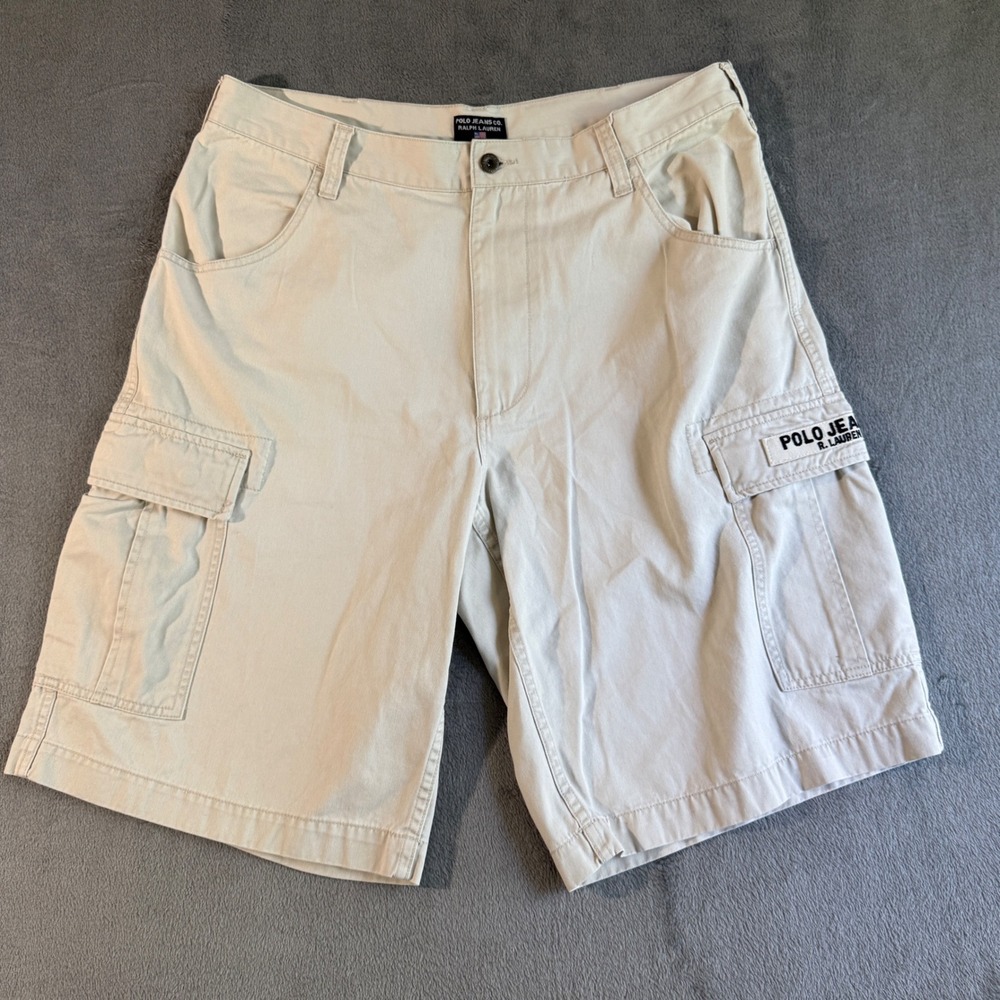 Polo Jeans Co Ralph Lauren Cargo Shorts Mens 36 Tan Beige Cotton Relaxed Fit Y2K